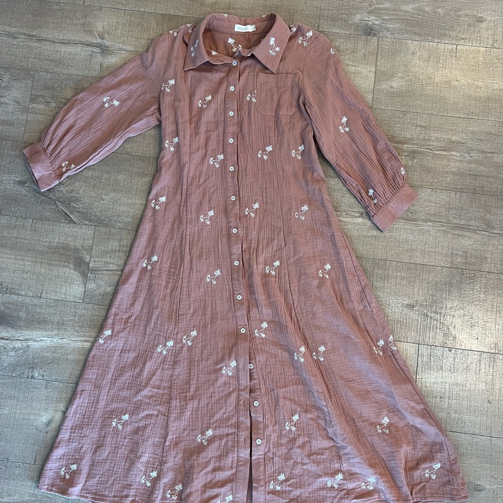 Roolee Pink Maxi Dress with Long Sleeve Bishop Sleeves and Notched Collar